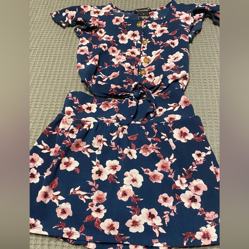 Xtraordinary Girls Skirt Set 2pc Matching Skort Blue With Pink Flowers Size 7